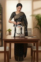 Banarasi Cotton Saree in Black with resham flower leaf buti