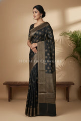 Banarasi Cotton Saree in Black with resham flower leaf buti