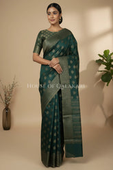 Banarasi Cotton Saree in Bottle Green with ginni resham buti