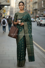 Banarasi Cotton Saree in Bottle Green with ginni resham buti