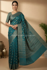 Banarasi Cotton Saree in Blueish Green with ginni resham buti