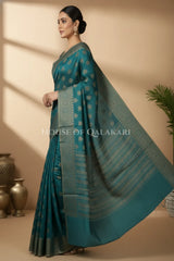 Banarasi Cotton Saree in Blueish Green with ginni resham buti
