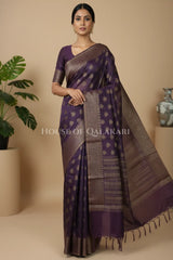 Banarasi Cotton Saree in Plum Purple with ginni resham buti