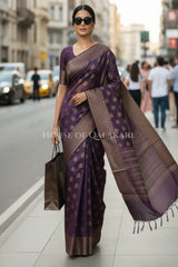 Banarasi Cotton Saree in Plum Purple with ginni resham buti