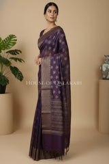 Banarasi Cotton Saree in Plum Purple with ginni resham buti