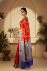 Cotton Banarasi Saree in Sindoor Red-Purple contrast with resham work