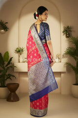 Cotton Banarasi Saree in Cherry Pink-Purple contrast with resham work