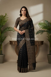 Cotton Banarasi Saree in Black with resham buti and floral design