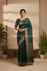 Cotton Banarasi Saree in Bottle Green with resham buti and floral design