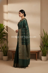 Cotton Banarasi Saree in Bottle Green with resham buti and floral design