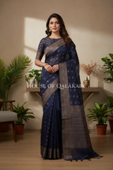 Cotton Banarasi Saree in Midnight Blue with resham buti and floral design