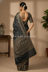 Banarasi Cotton Saree in Black with resham paisley leaf buti