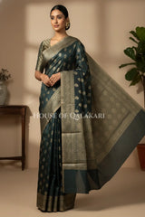 Banarasi Cotton Saree in Black with resham paisley leaf buti