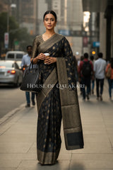 Banarasi Cotton Saree in Black with resham paisley leaf buti