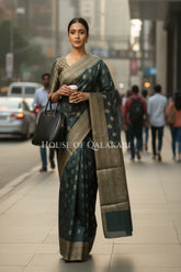 Banarasi Cotton Saree in Black with resham paisley leaf buti