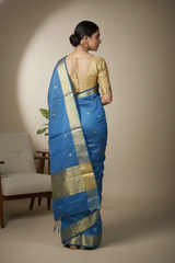 Banarasi Cotton Saree with zari buti in Blue colour with elegant zari border and zari panel pallu