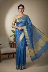 Banarasi Cotton Saree with zari buti in Blue colour with elegant zari border and zari panel pallu