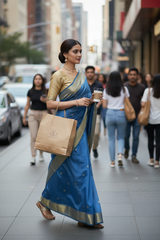 Banarasi Cotton Saree with zari buti in Blue colour with elegant zari border and zari panel pallu