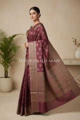 Banarasi Cotton Saree in Maroon Oak with resham flower leaf buti