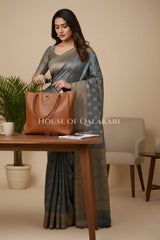 Banarasi Cotton Saree in Grey with resham flower leaf buti