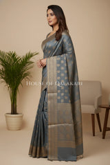 Banarasi Cotton Saree in Grey with resham flower leaf buti