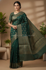 Banarasi Cotton Saree in Dark Green with resham flower leaf buti