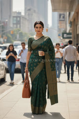 Banarasi Cotton Saree in Dark Green with resham flower leaf buti