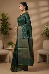 Banarasi Cotton Saree in Dark Green with resham flower leaf buti