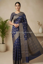 Banarasi Cotton Saree in Midnight Blue with resham flower leaf buti