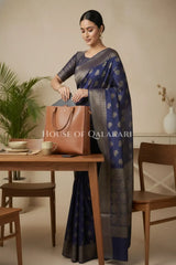 Banarasi Cotton Saree in Midnight Blue with resham flower leaf buti