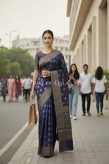 Banarasi Cotton Saree in Midnight Blue with resham flower leaf buti