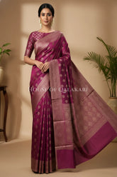 Banarasi Cotton Saree in Royal Jamun Purple with resham Paisley leaf buti