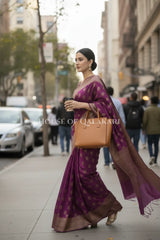 Banarasi Cotton Saree in Royal Jamun Purple with resham Paisley leaf buti