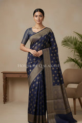 Banarasi Cotton Saree in Midnight Blue with resham Paisley leaf buti