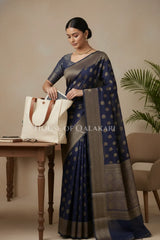 Banarasi Cotton Saree in Midnight Blue with resham Paisley leaf buti