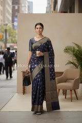 Banarasi Cotton Saree in Midnight Blue with resham Paisley leaf buti