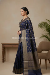 Banarasi Cotton Saree in Midnight Blue with resham Paisley leaf buti