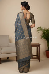 Banarasi Cotton Saree in Grey with resham paisley leaf buti
