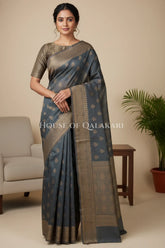 Banarasi Cotton Saree in Grey with resham paisley leaf buti