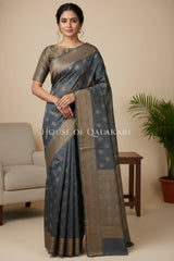 Banarasi Cotton Saree in Grey with resham paisley leaf buti