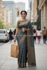 Banarasi Cotton Saree in Grey with resham paisley leaf buti