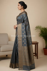 Banarasi Cotton Saree in Grey with resham paisley leaf buti
