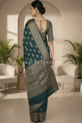 Banarasi Cotton Saree in Dark Green with resham paisley leaf buti