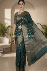 Banarasi Cotton Saree in Dark Green with resham paisley leaf buti