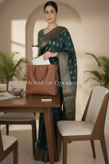 Banarasi Cotton Saree in Dark Green with resham paisley leaf buti