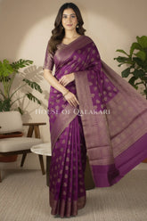 Banarasi Cotton Saree in Royal Jamun Purple with resham flower leaf buti