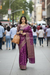 Banarasi Cotton Saree in Royal Jamun Purple with resham flower leaf buti