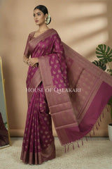Banarasi Cotton Saree in Royal Jamun Purple with resham flower leaf buti