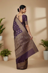 Banarasi Cotton Saree in Plum Purple with resham flower leaf buti