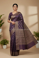 Banarasi Cotton Saree in Plum Purple with resham flower leaf buti